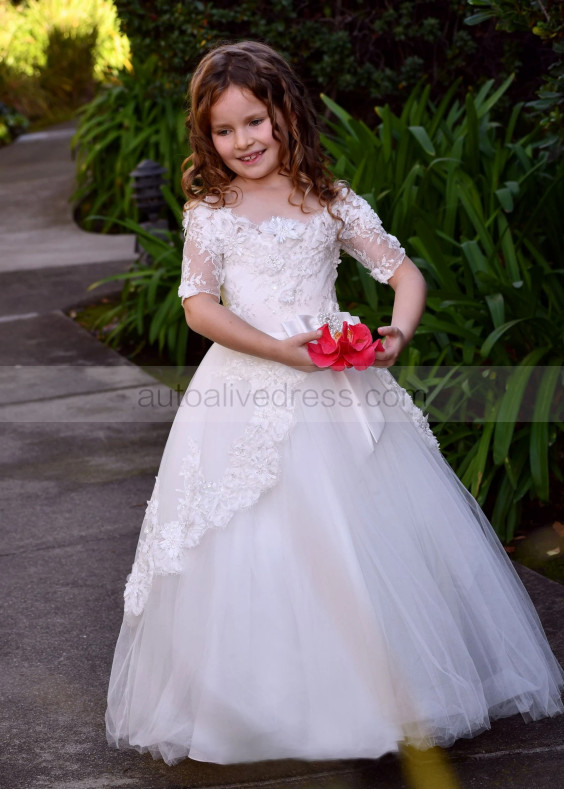 Off Shoulder Beaded Ivory Lace Tulle Stunning Flower Girl Dress Off Shoulder Beaded Ivory Lace Tulle Stunning Flower Girl Dress